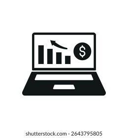 Laptop in solid silhouette with finance screen forms a bold and compact business icon.