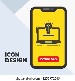 laptop, solution, idea, bulb, solution Glyph Icon in Mobile for Download Page. Yellow Background