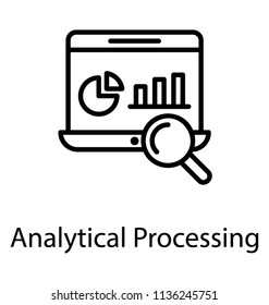 Laptop with some analytical graphs and magnifying glass, together representing analytical processing icon 