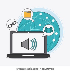 laptop sound global file bubble connect communications social network icon. colorful illustration