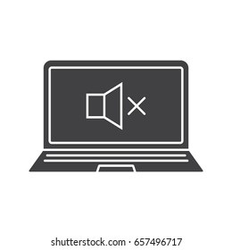 Laptop sound off glyph icon. Silhouette symbol. Notebook with loudspeaker. Negative space. Vector isolated illustration