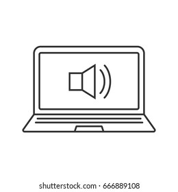 Laptop sound on linear icon. Thin line illustration. Laptop with loudspeaker contour symbol. Vector isolated outline drawing