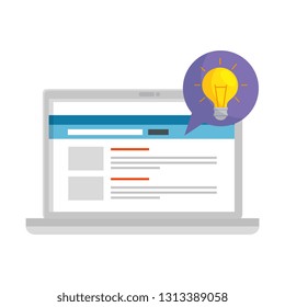 laptop with speech bubble and bulb
