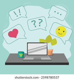 laptop with speech bubble, comments for social networks online, message with emoji, speech icons