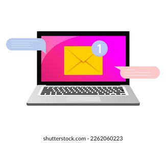 Laptop with speech bubble and notification on the screen. Online chatting concept