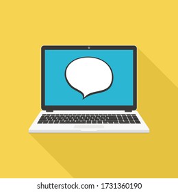 Laptop with speech bubble on the display, flat design vector illustration