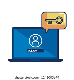 laptop with speech bubble and retro key