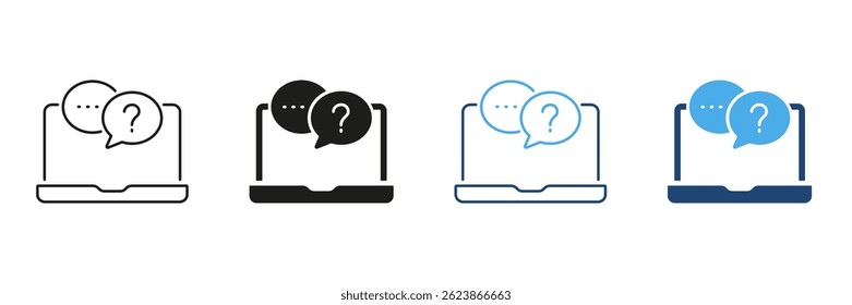 Laptop With Speech Bubbles Icon Set. Online Communication, Customer Support, And Digital Interaction Symbol Collection. Chat And Inquiry Representation. Isolated Vector Illustration.