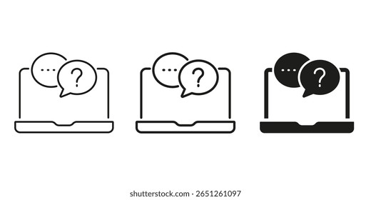 Laptop With Speech Bubbles Icon Set. Online Communication, Customer Support, And Virtual Assistance Outline And Silhouette Symbol Collection. Digital Interaction. Isolated Vector Illustration.