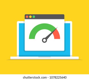 Laptop with speed test on the screen. Vector illustration.