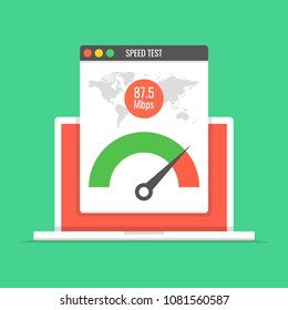 Laptop with speed test on the screen. Vector illustration.