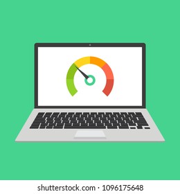 Laptop with speed test on the screen. Vector illustration.