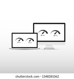 Laptop with speed test on the screen. Vector illustration.