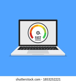 Laptop with speed test on the screen. Vector.