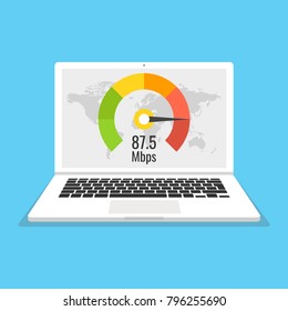Laptop with speed test on the screen. Vector illustration.