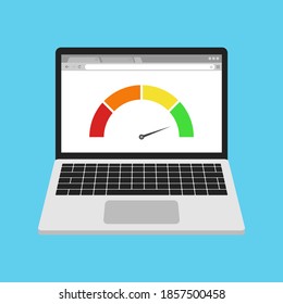 Laptop with speedometer computer technology. Site speed test concept. Vector.