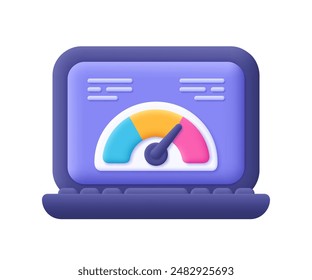 Laptop with speedometer on the screen. Speed test of internet connection, speed optimization and SEO concept.3d vector icon. Cartoon minimal style.