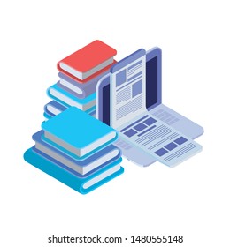 laptop with stack of books on white background