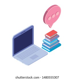 laptop with stack of books on white background