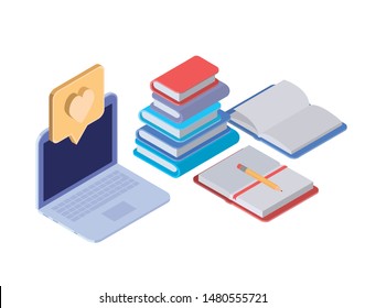 laptop with stack of books on white background