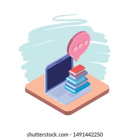 laptop with stack of books on white background