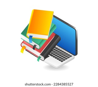 Laptop and stack of books on a white background. Vector illustration