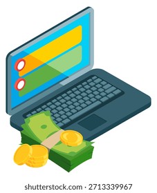 A laptop with a stack of cash and coins on top of it