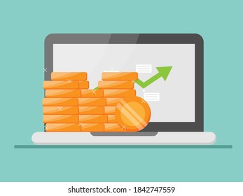 laptop with stack of money coins and growth green graph on screen vector illustration