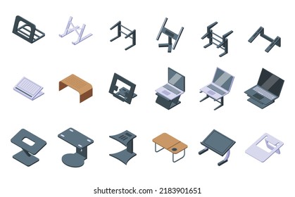 Laptop stand icons set isometric vector. Compute work. Office desk