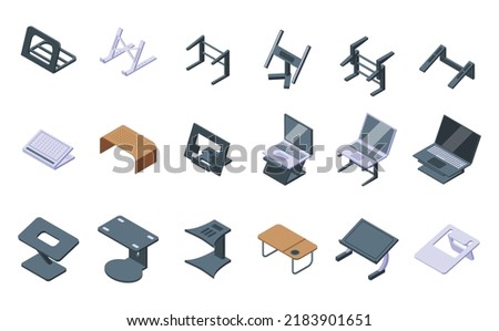Laptop stand icons set isometric vector. Compute work. Office desk