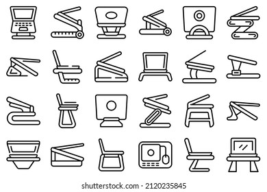 Laptop stand icons set outline vector. Compute work. Office people