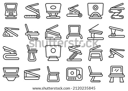 Laptop stand icons set outline vector. Compute work. Office people