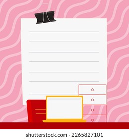 Laptop standing on desk near box. White screen contains new important information. Computer monitor with message. Empty text holder on bright colored background.