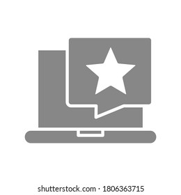 Portátil con estrella en el icono gris de burbuja de chat. Símbolo de retroalimentación positiva.