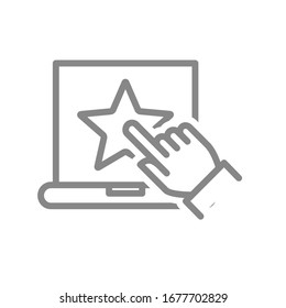 Laptop with star and hand cursor line icon. Customer satisfaction, add to favorites, positive feedback symbol