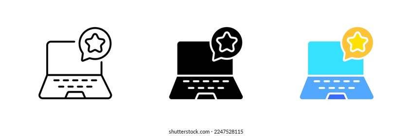 Laptop with a star set icon. Speech bubble, write comment, reaction, review, rate the service social media, feedback, user. Vector icon in line, black and colorful style on white background