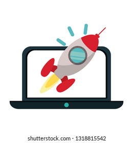 laptop with start up rocket on screen