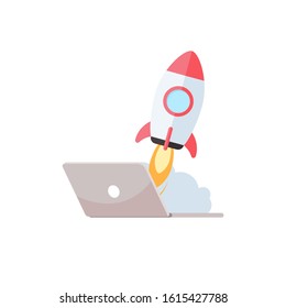 Laptop startup rocket vector isolated illustration. Project start up sign. Business idea concept. Team work.