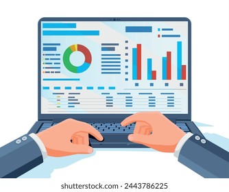 Laptop with statistical or analytical information. Aanalyst or auditor working on notebook device. Chart, pie, bar. Computer with annual report, spreadsheets data summary. Flat vector illustration