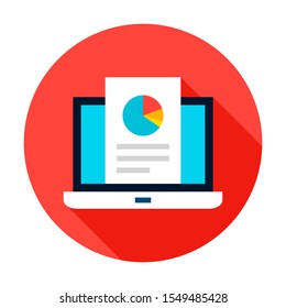 Laptop Statistics Circle Icon. Vector Illustration with Long Shadow. Business Item.