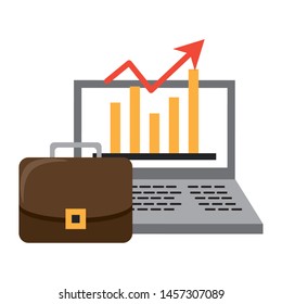 Laptop with statistics growing and briefcase symbols vector illustration