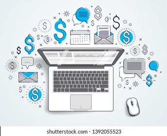 Laptop with statistics infographics and set of icons, online business, internet electronic finances, vector design.