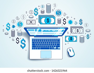 Laptop with statistics infographics and set of icons, online business, internet electronic finances, vector design.