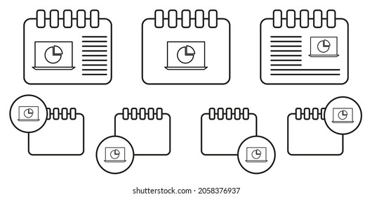 Icono vectorial de estadísticas de portátiles en la ilustración de conjunto de calénder para ui y ux, sitio web o aplicación móvil