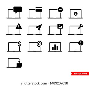 Laptop status icon set of black and white types. Isolated vector sign symbols. Icon pack.