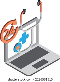 laptop and Stethoscope illustration in 3D isometric style isolated on background