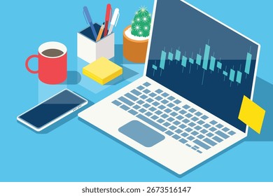 Laptop with Stock Market Chart Vector Illustration