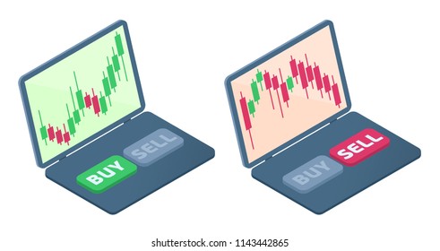 The laptop with stock quote candlestick charts on the screen. The falling and increasing of shares graphs. The broker's laptop, selling, buying buttons. Business flat isometric concept illustration.