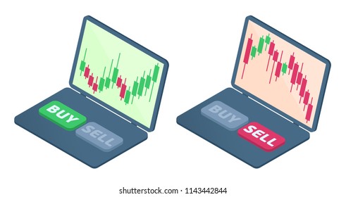 The laptop with stock quote candlestick graphs on the screen. The drop and the growth in the shares trends. The trader's computer, selling, buying buttons. Business flat isometric concept illustration