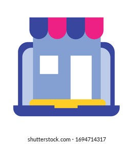 Laptop mit Schaufensterbau im flachen Stil - Vektorillustration